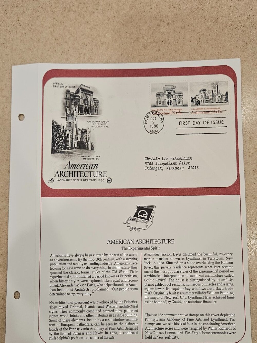 RARE COLLECTIBLE USPS 1ST DAY ISSUE AMERICAN ARCHITECTURE LYNDHURST CASTLE STAMP